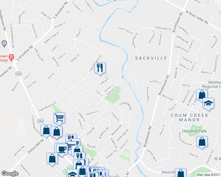 map of restaurants, bars, coffee shops, grocery stores, and more near 6311 Hilltop Drive in Brookhaven
