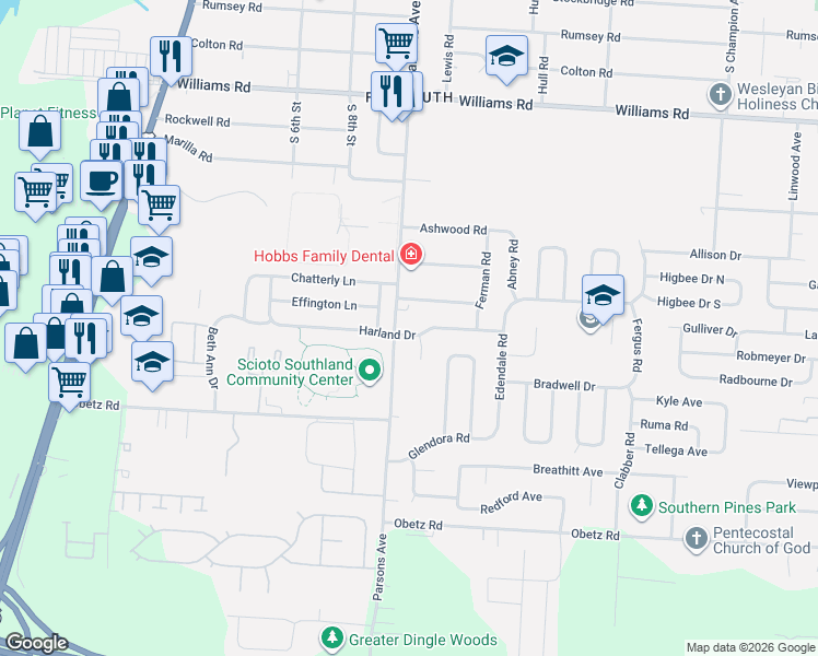 map of restaurants, bars, coffee shops, grocery stores, and more near 3752 Parsons Avenue in Columbus