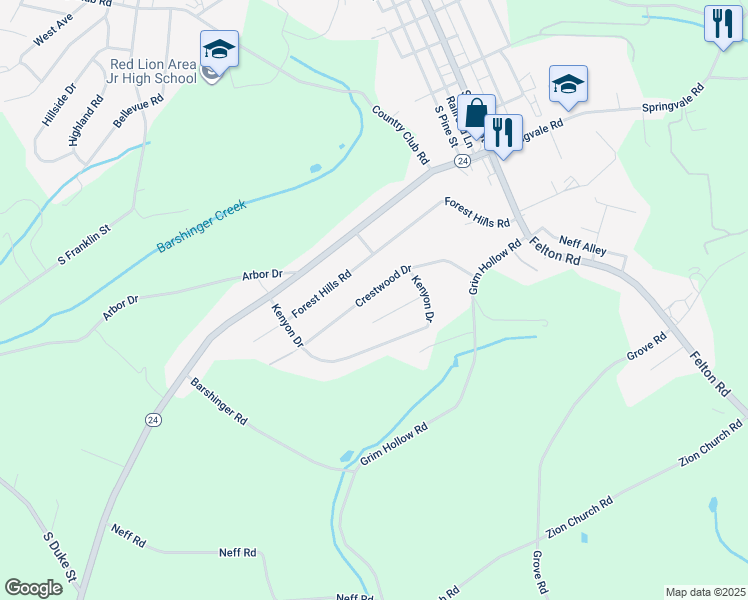 map of restaurants, bars, coffee shops, grocery stores, and more near 520 Crestwood Drive in Red Lion