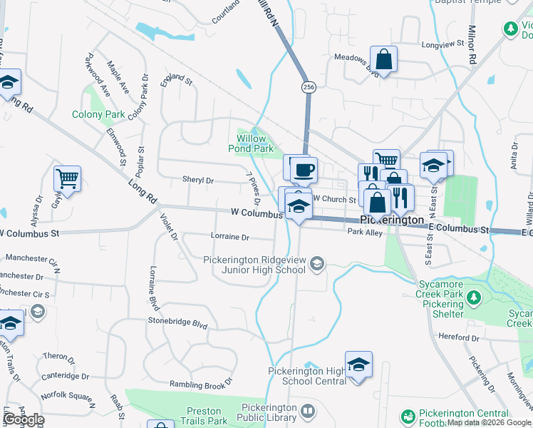 map of restaurants, bars, coffee shops, grocery stores, and more near 16 Shannon Drive in Pickerington
