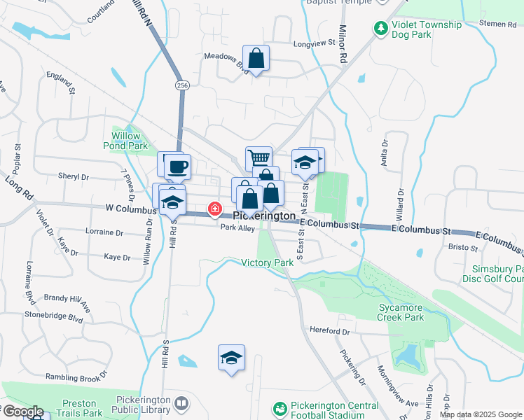 map of restaurants, bars, coffee shops, grocery stores, and more near 21 North Center Street in Pickerington