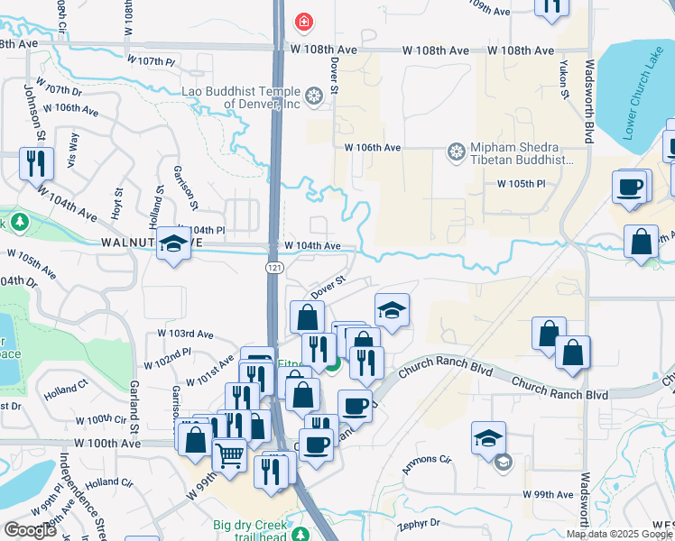 map of restaurants, bars, coffee shops, grocery stores, and more near 10355 Dover St in Westminster