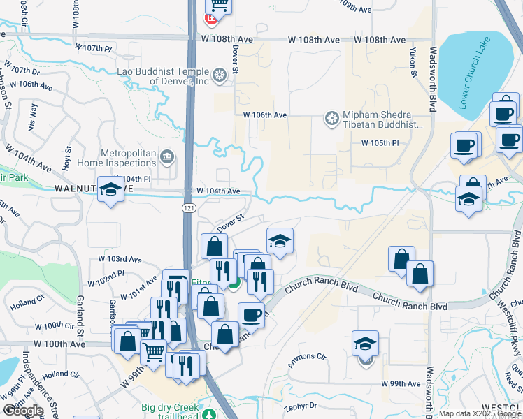 map of restaurants, bars, coffee shops, grocery stores, and more near 10355 Dover Street in Westminster