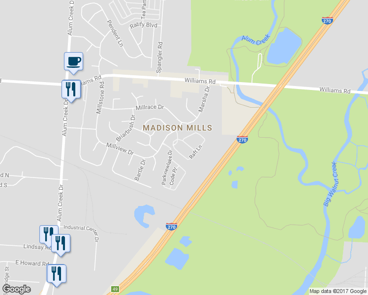 map of restaurants, bars, coffee shops, grocery stores, and more near 2800 Duvall Lane in Columbus