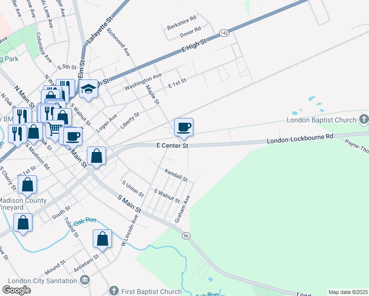 map of restaurants, bars, coffee shops, grocery stores, and more near 171 East Center Street in London