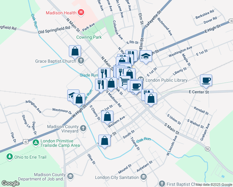 map of restaurants, bars, coffee shops, grocery stores, and more near 25 South Oak Street in London