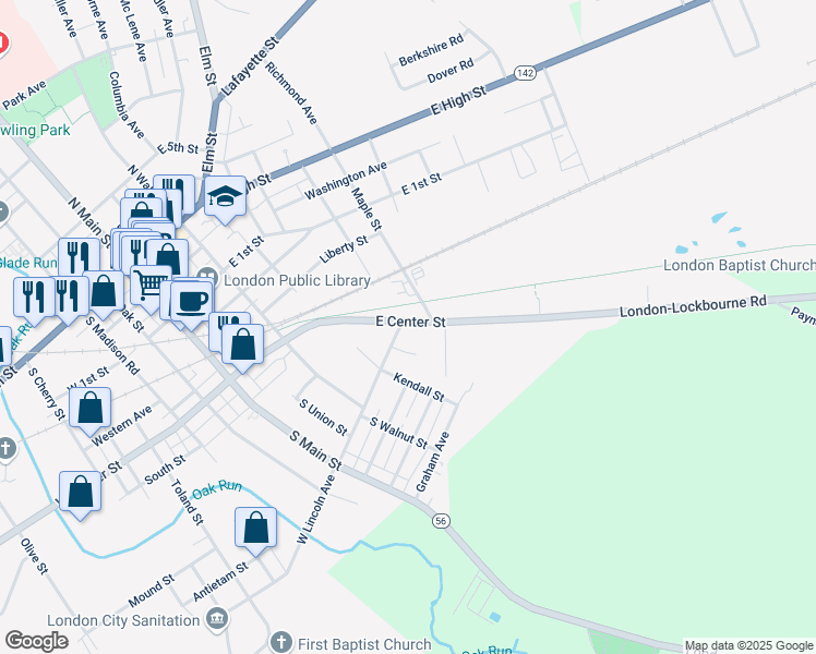 map of restaurants, bars, coffee shops, grocery stores, and more near 156 East Center Street in London