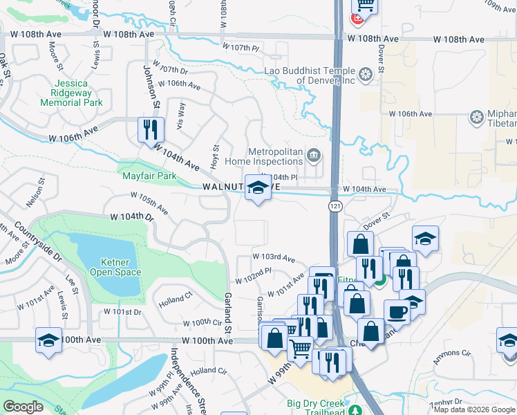 map of restaurants, bars, coffee shops, grocery stores, and more near 9300 West 104th Avenue in Westminster