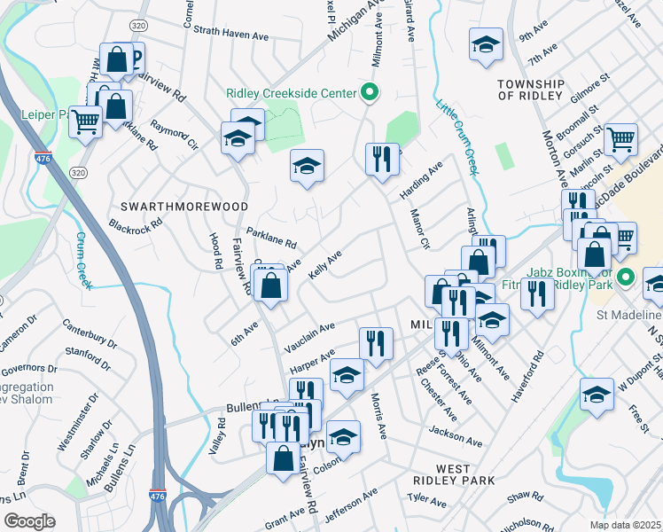 map of restaurants, bars, coffee shops, grocery stores, and more near 944 Kelly Avenue in Woodlyn