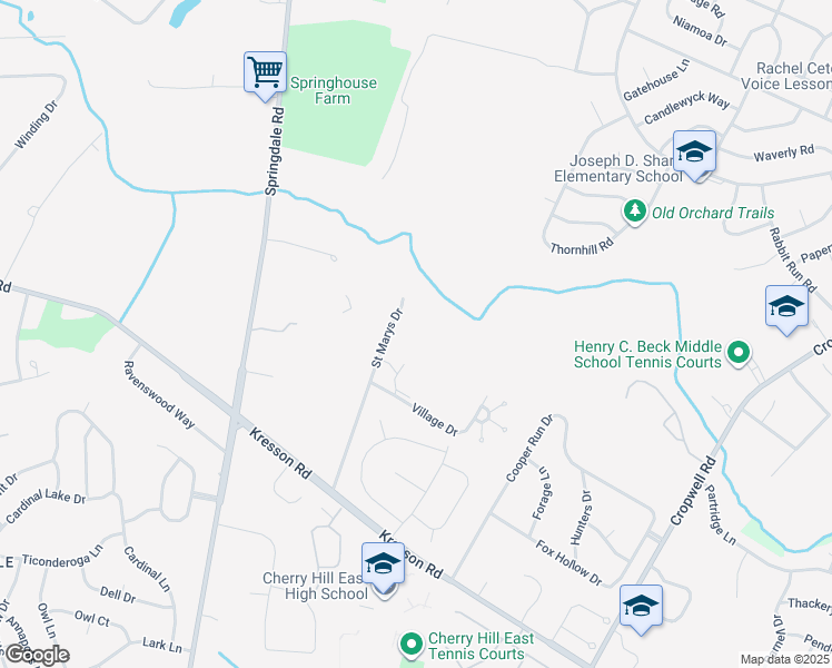 map of restaurants, bars, coffee shops, grocery stores, and more near 269 Saint Marys Drive in Cherry Hill Township