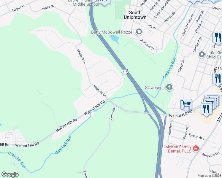 map of restaurants, bars, coffee shops, grocery stores, and more near Southwood Drive in Fayette County