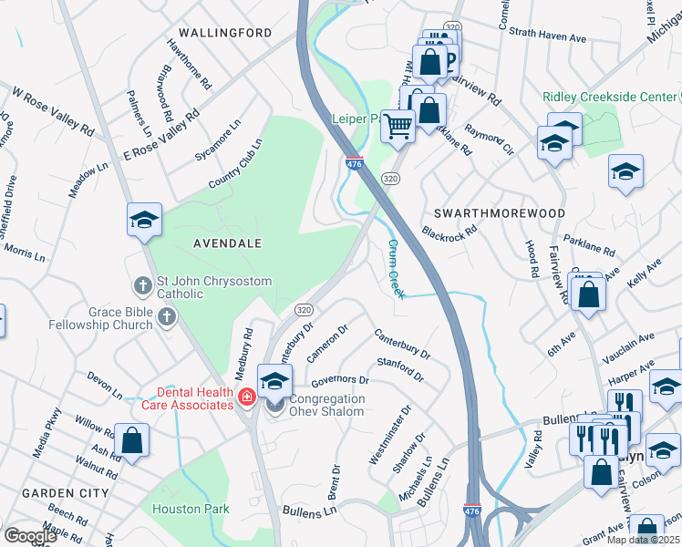 map of restaurants, bars, coffee shops, grocery stores, and more near 805 Avondale Road in Nether Providence Township