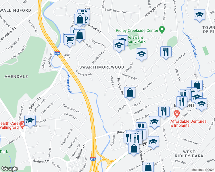 map of restaurants, bars, coffee shops, grocery stores, and more near 1413 Grace Road in Swarthmore