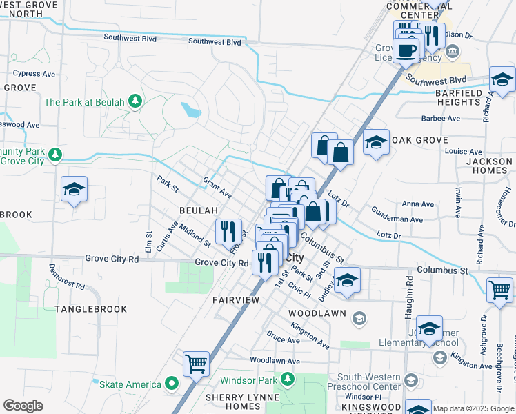 map of restaurants, bars, coffee shops, grocery stores, and more near 3498 Grant Avenue in Grove City