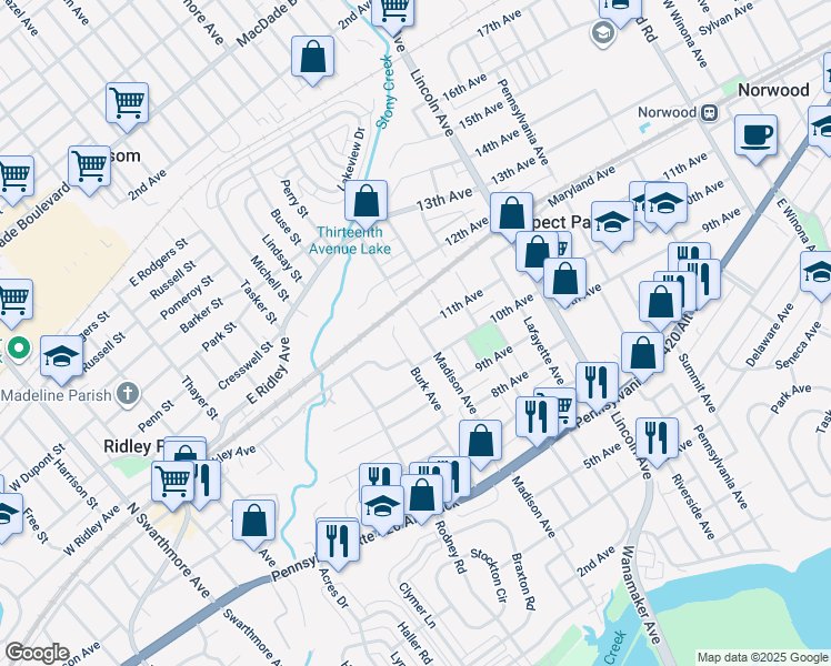 map of restaurants, bars, coffee shops, grocery stores, and more near 1018 Madison Avenue in Prospect Park