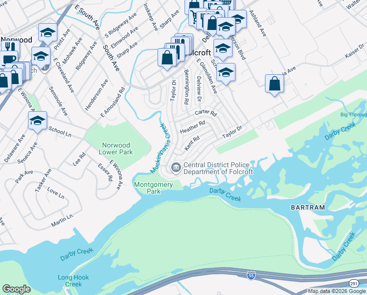 map of restaurants, bars, coffee shops, grocery stores, and more near 879 Taylor Drive in Folcroft