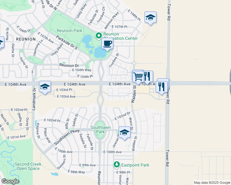 map of restaurants, bars, coffee shops, grocery stores, and more near 17858 East 103rd Avenue in Commerce City
