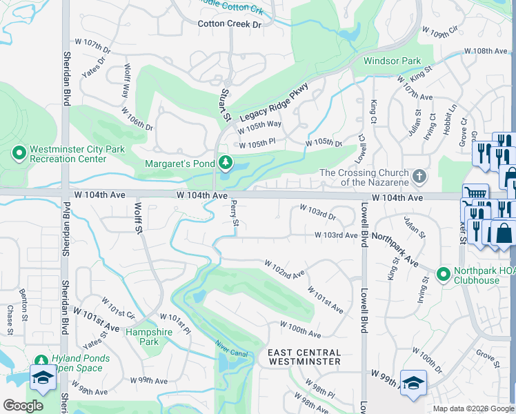 map of restaurants, bars, coffee shops, grocery stores, and more near 4115 West 104th Drive in Westminster