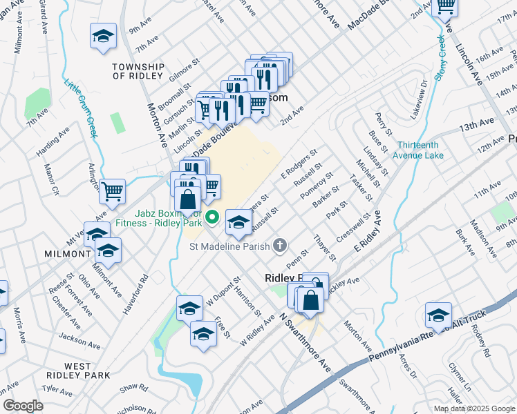 map of restaurants, bars, coffee shops, grocery stores, and more near 204 East Rodgers Street in Ridley Park