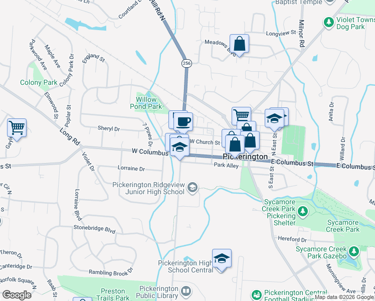 map of restaurants, bars, coffee shops, grocery stores, and more near 163 West Church Street in Pickerington