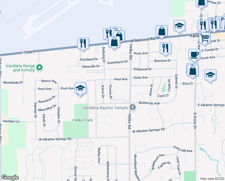 map of restaurants, bars, coffee shops, grocery stores, and more near 525 Thoma Place in Vandalia