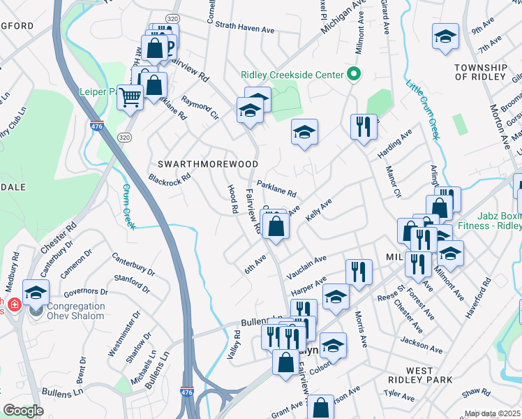 map of restaurants, bars, coffee shops, grocery stores, and more near 722 Colwell Road in Swarthmore