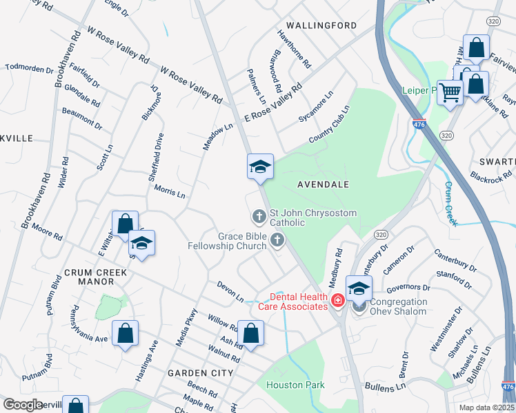 map of restaurants, bars, coffee shops, grocery stores, and more near 611 South Providence Road in Delaware County