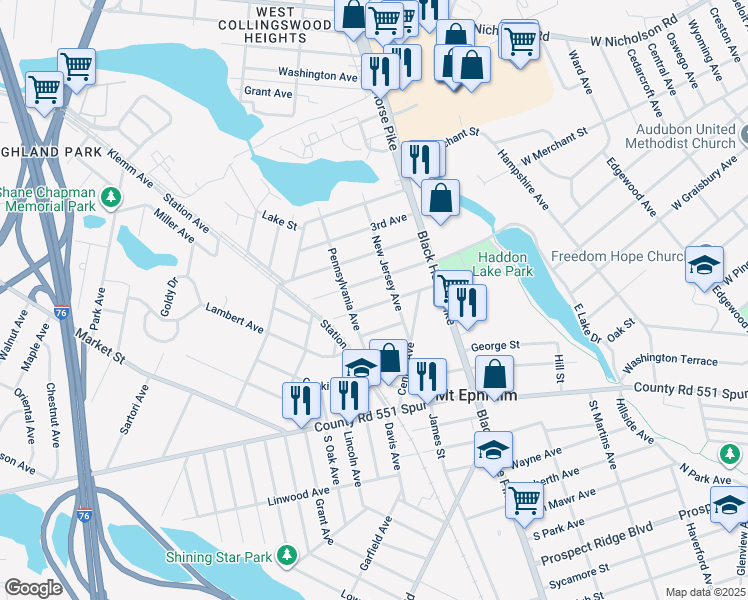 map of restaurants, bars, coffee shops, grocery stores, and more near 117 6th Avenue in Mount Ephraim
