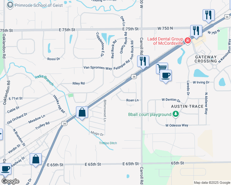 map of restaurants, bars, coffee shops, grocery stores, and more near 7114 Elias Circle in Indianapolis