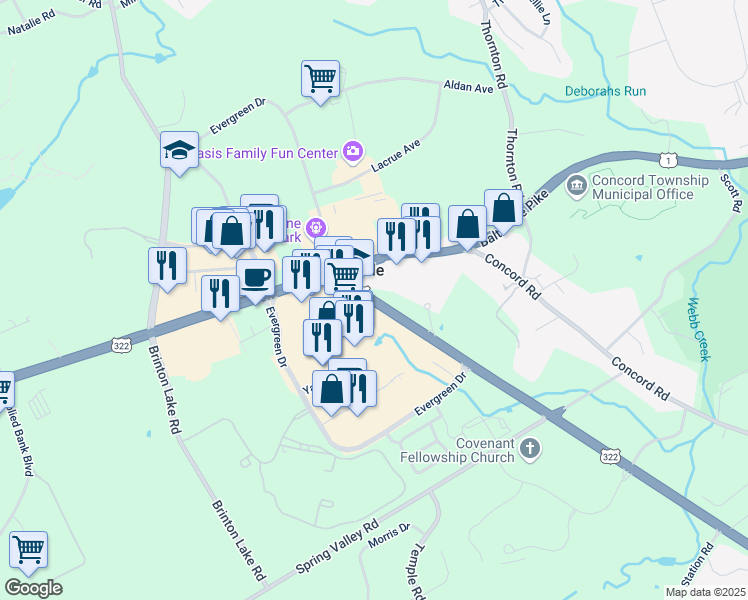 map of restaurants, bars, coffee shops, grocery stores, and more near 615 Conchester Highway in Glen Mills