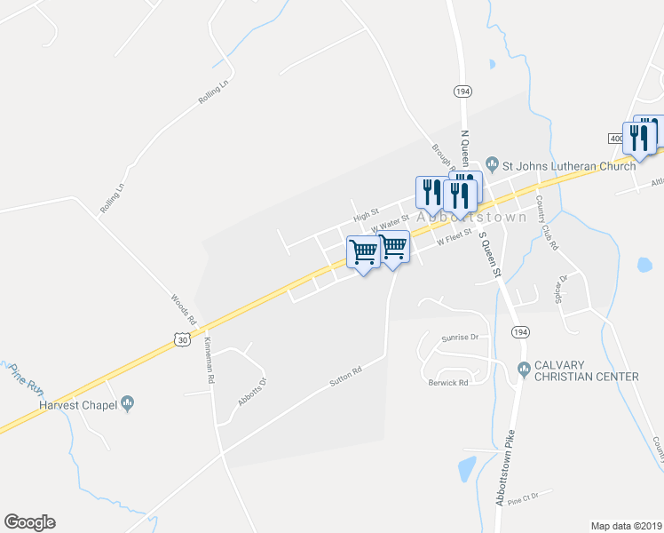 map of restaurants, bars, coffee shops, grocery stores, and more near West King Street in Abbottstown