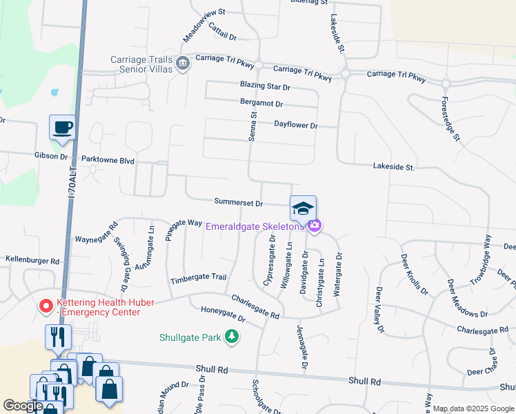 map of restaurants, bars, coffee shops, grocery stores, and more near 5122 Summerset Drive in Tipp City