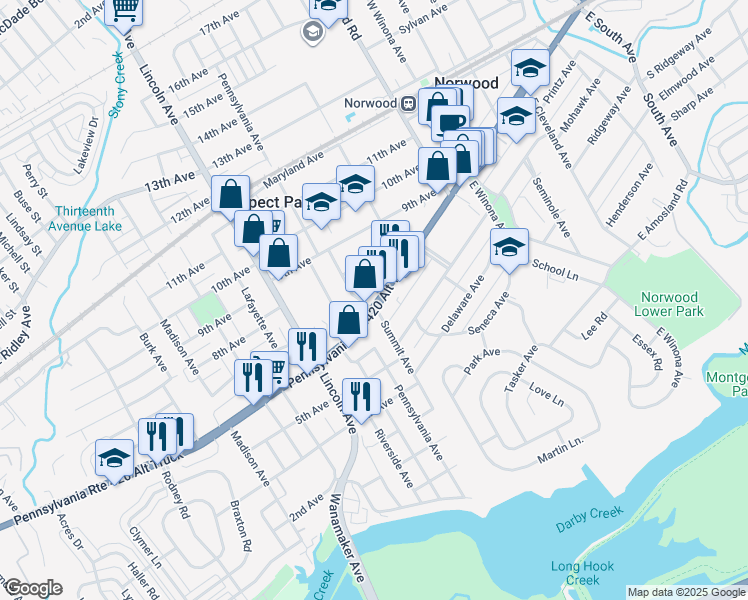 map of restaurants, bars, coffee shops, grocery stores, and more near 652 Chester Pike in Norwood