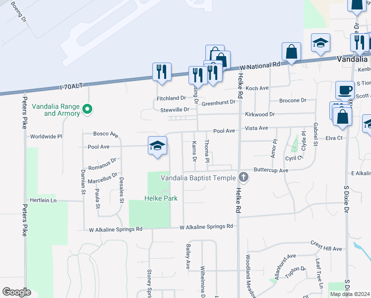 map of restaurants, bars, coffee shops, grocery stores, and more near 540 Bright Avenue in Vandalia
