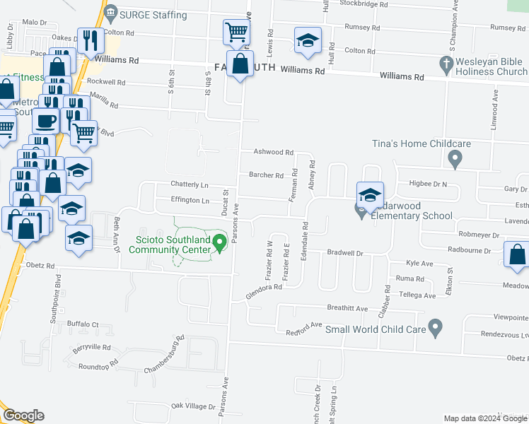 map of restaurants, bars, coffee shops, grocery stores, and more near 546 Harland Drive in Columbus