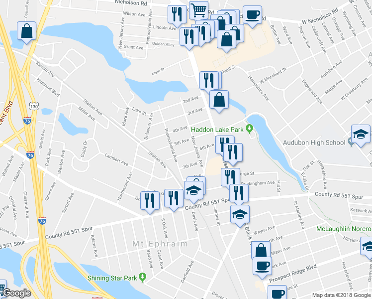 map of restaurants, bars, coffee shops, grocery stores, and more near 117 6th Avenue in Mount Ephraim