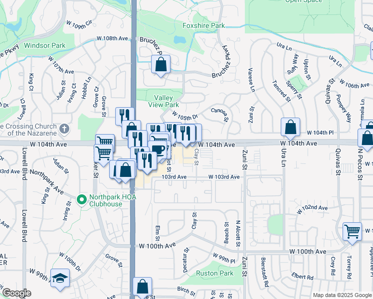 map of restaurants, bars, coffee shops, grocery stores, and more near 2811 West 104th Avenue in Northglenn