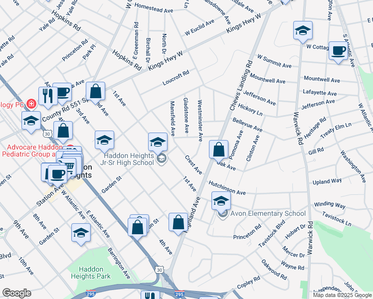 map of restaurants, bars, coffee shops, grocery stores, and more near 303 Crest Avenue in Haddon Heights