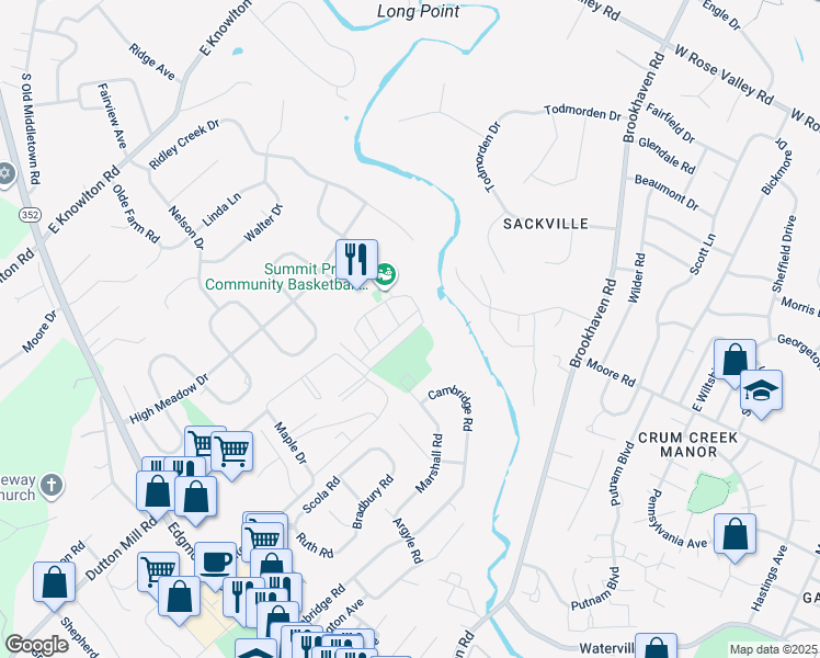 map of restaurants, bars, coffee shops, grocery stores, and more near 6311 Hilltop Drive in Brookhaven