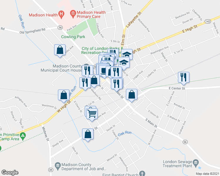 map of restaurants, bars, coffee shops, grocery stores, and more near 56 South Oak Street in London