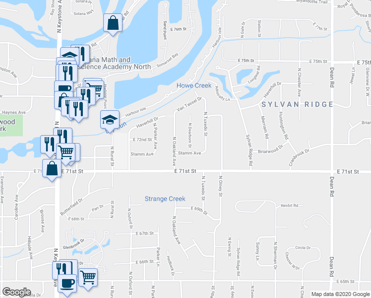 map of restaurants, bars, coffee shops, grocery stores, and more near 7159 North Dearborn Street in Indianapolis