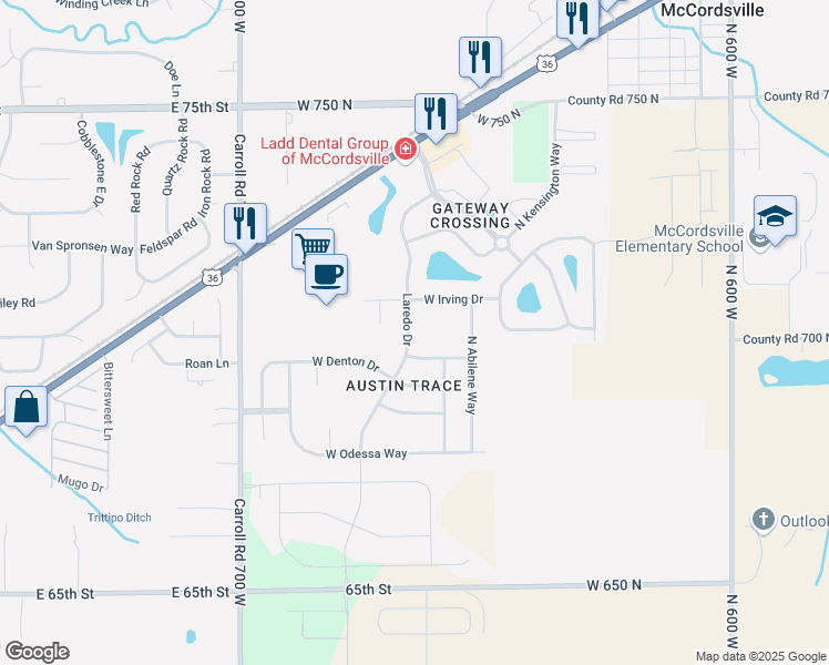 map of restaurants, bars, coffee shops, grocery stores, and more near 7031 North Laredo Drive in McCordsville