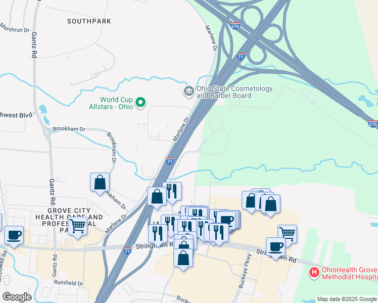 map of restaurants, bars, coffee shops, grocery stores, and more near 3405 Gateway Lakes Drive in Grove City