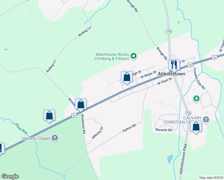 map of restaurants, bars, coffee shops, grocery stores, and more near 76 Hughes Drive in Abbottstown