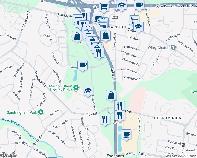 map of restaurants, bars, coffee shops, grocery stores, and more near 400 Lippincott Drive in Evesham