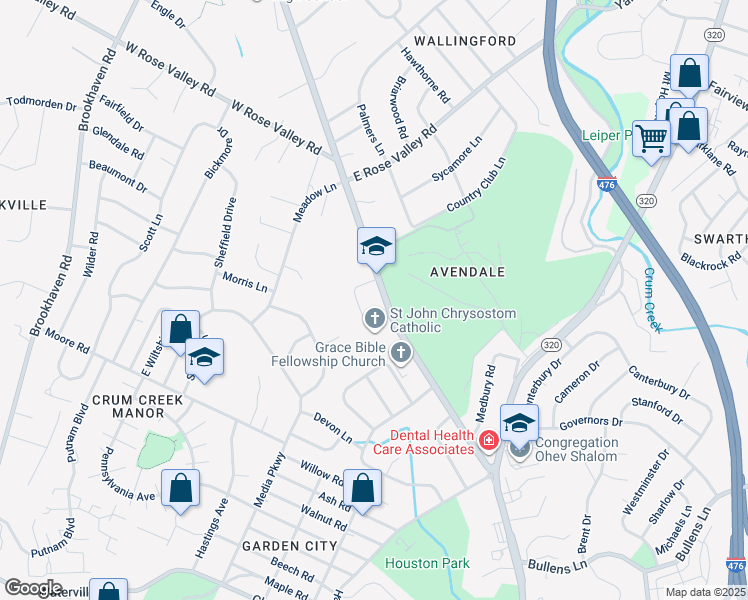 map of restaurants, bars, coffee shops, grocery stores, and more near 611 South Providence Road in Delaware County