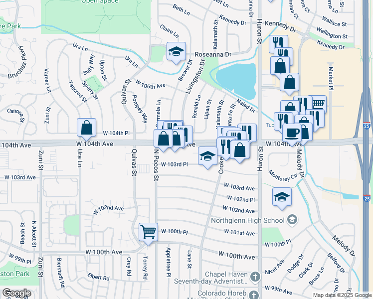 map of restaurants, bars, coffee shops, grocery stores, and more near 1390 West 104th Avenue in Denver