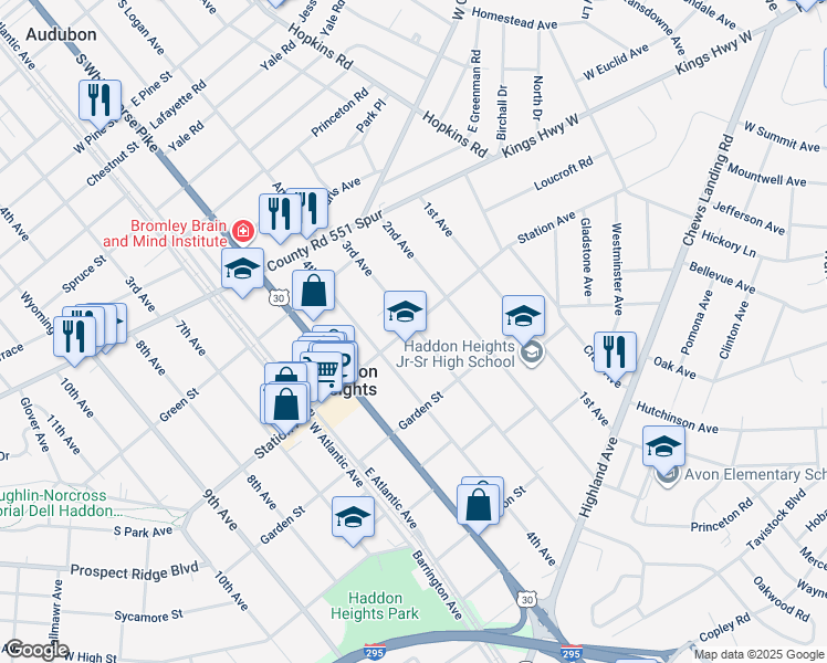 map of restaurants, bars, coffee shops, grocery stores, and more near 301 Station Avenue in Haddon Heights