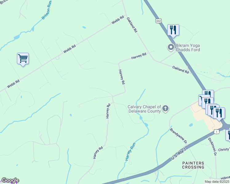 map of restaurants, bars, coffee shops, grocery stores, and more near 158 Harvey Road in West Chester