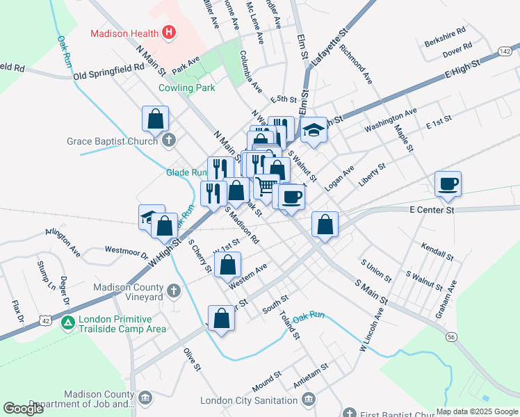 map of restaurants, bars, coffee shops, grocery stores, and more near 56 South Oak Street in London